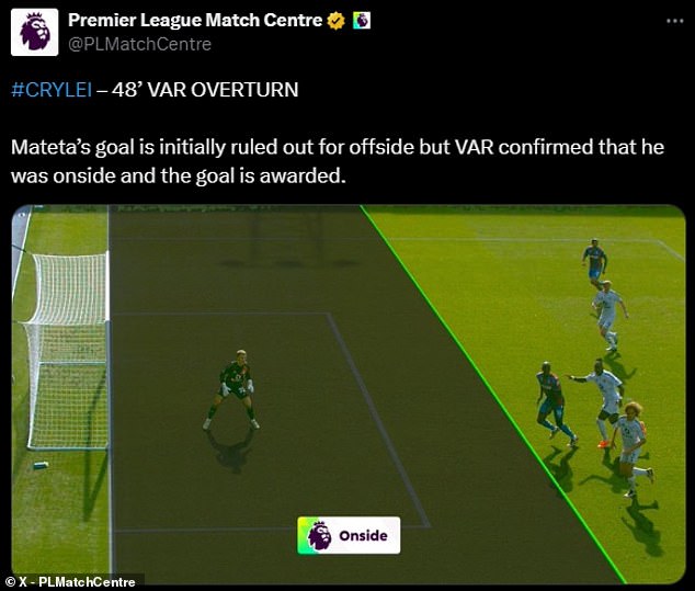 The Premier League used this angle to determine whether he was offside or not. Leicester are not convinced the ball was released at this point