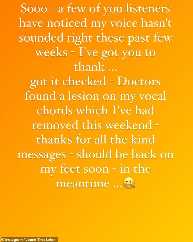 In a September 1 Instagram post, Jamie shared that he had himself checked out after some of his listeners noticed something wasn't quite right with his voice