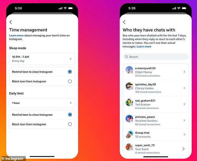 Supervising parents or guardians can limit the time their teen spends on Instagram (left) and see who they've messaged (right)