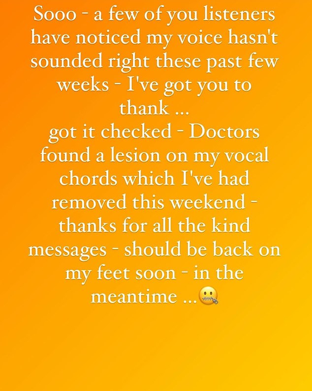 On September 1, he shared this message thanking listeners for noticing something wrong with his voice, which he quickly had checked out