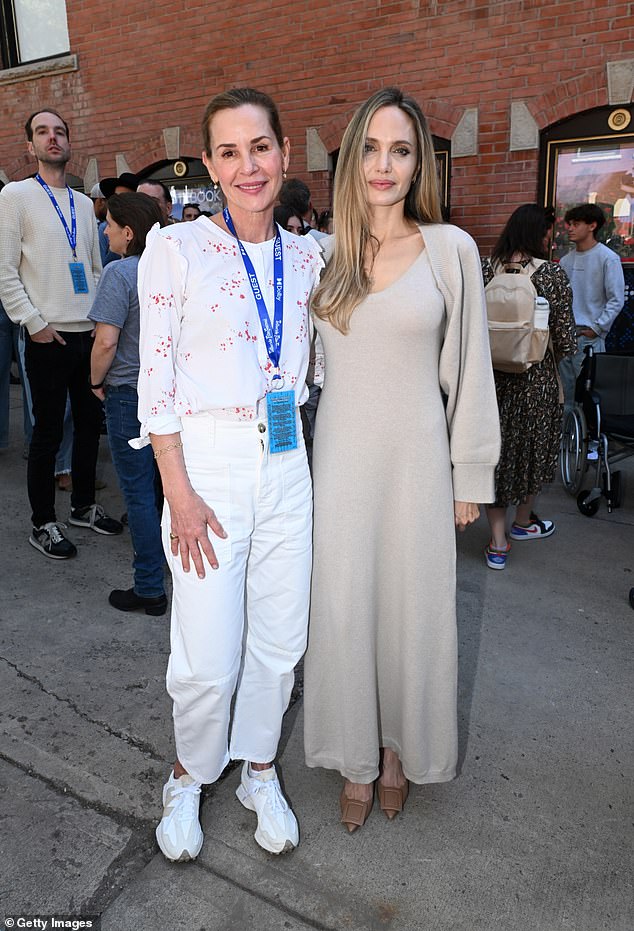 Jolie (R) and Embeth Davitz attend the Telluride Film Festival on September 1 in Telluride, Colorado