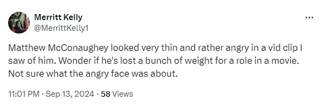 Another social media user @MerrittKelly1 also posted on X that he looked 'really skinny and kinda angry'. She added: 'I wonder if he lost a lot of weight for a role in a movie'