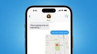 An iPhone on a blue background with an iMessage conversation