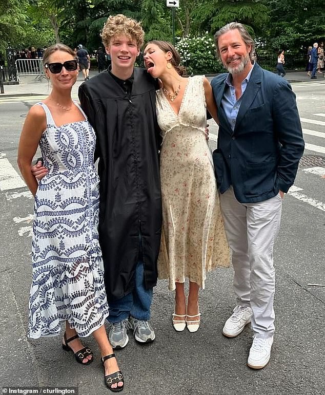 Turlington shared an extremely rare photo with her children and husband after attending her 18-year-old son Finn's graduation earlier this year