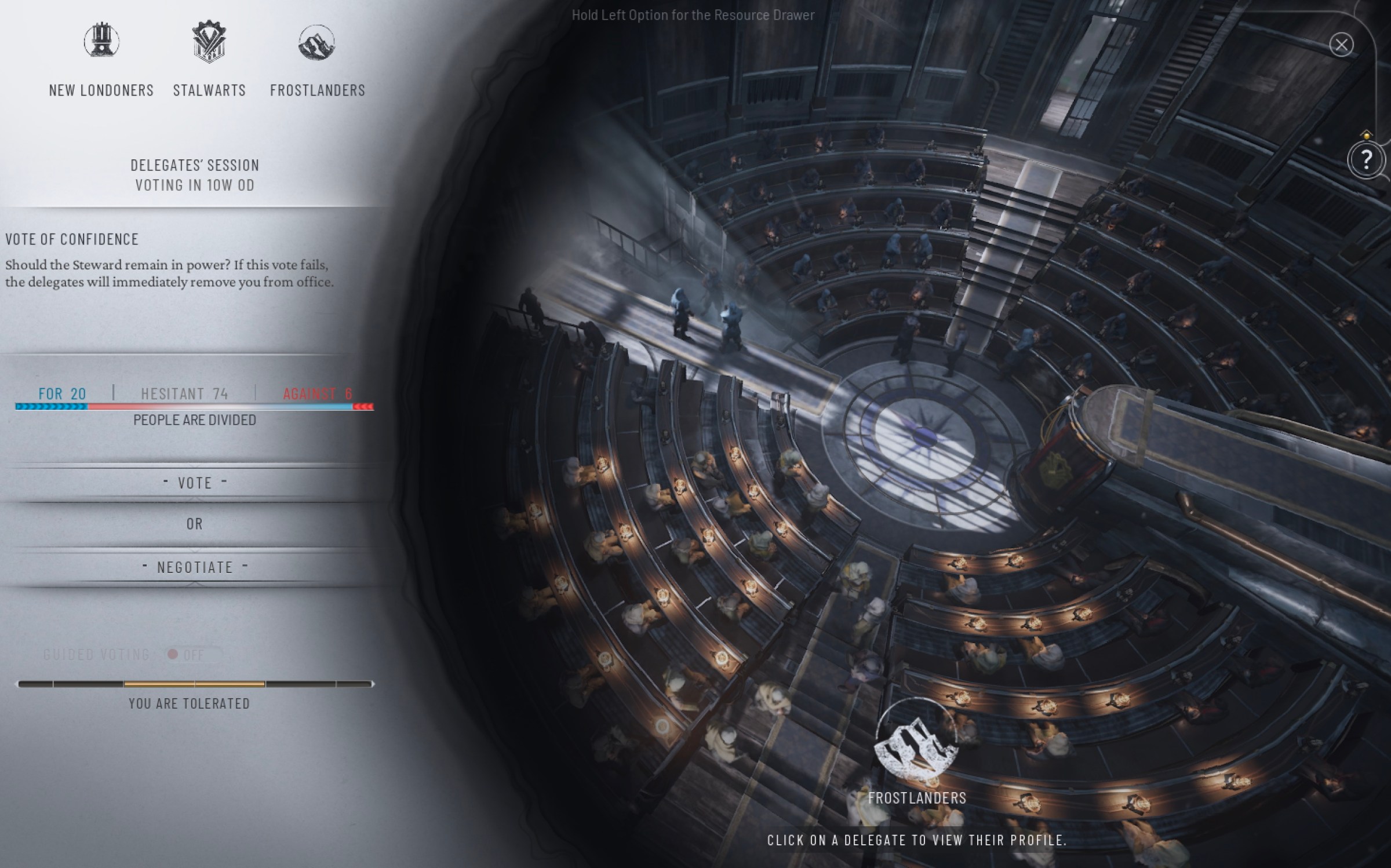 A council in Frostpunk 2 and a graph explaining a vote distribution