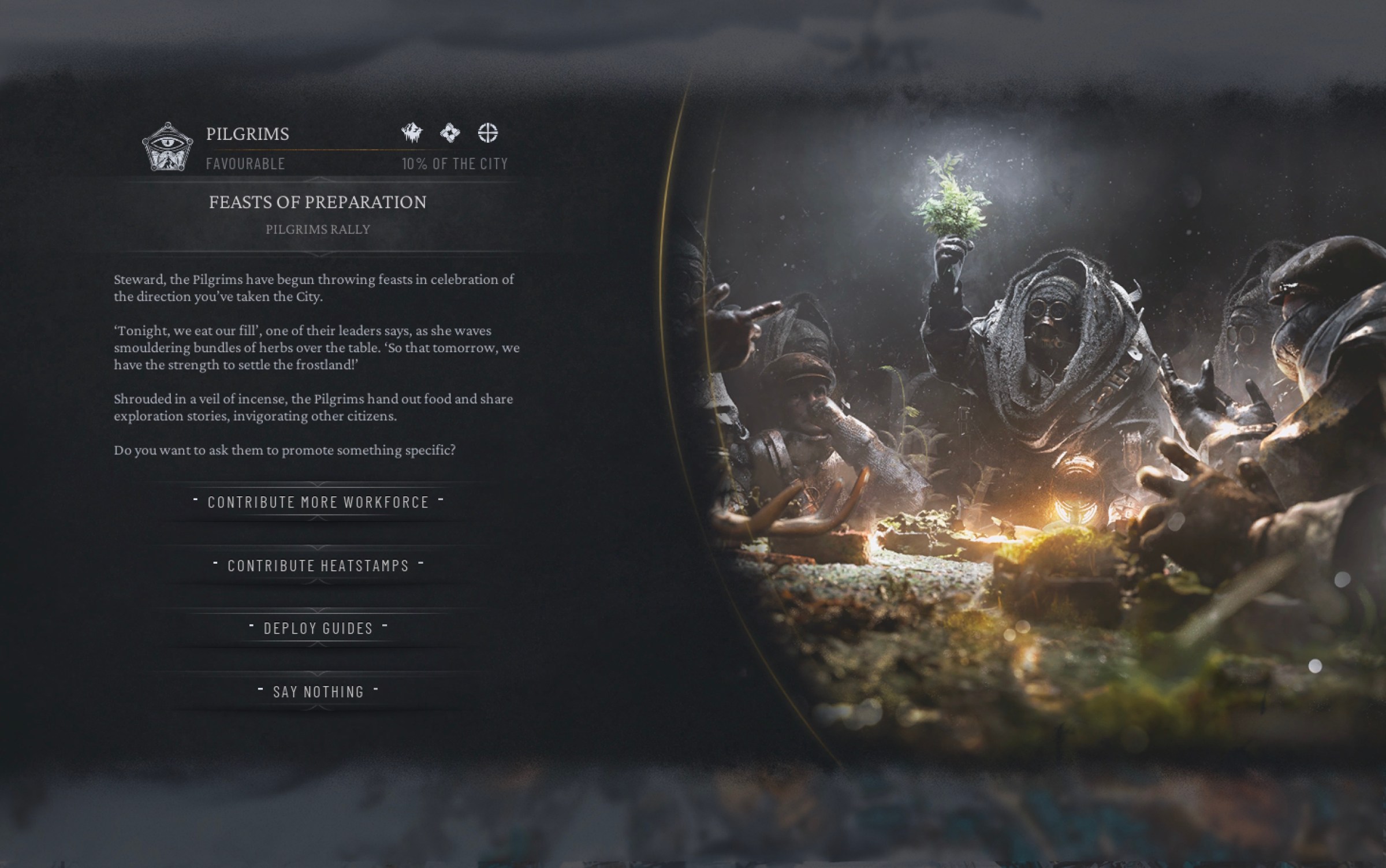 A text screen for Frostpunk 2 explaining the Feasts of Preparation, featuring people in gas masks growing plants