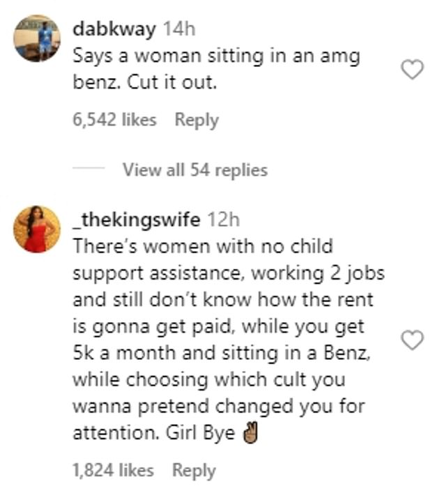 Another laughed: “There are women who don't get alimony, work two jobs and still don't know how to pay the rent, while you make $5,000 a month and drive a Mercedes.”