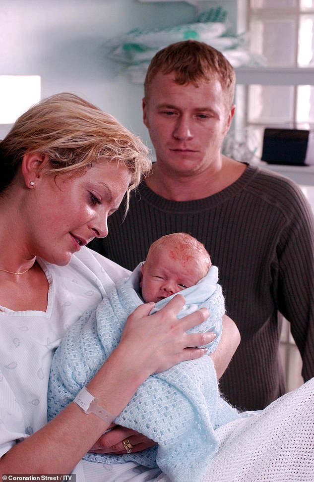 She eventually married butcher Ashley Peacock, although she became pregnant with son Joshua from an extramarital affair with Matt Ramsden (pictured with Ashley and Joshua in 2002)