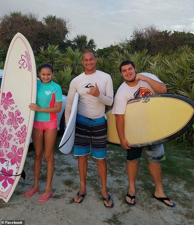 Maphurs said beach safety rarely involves accidents for seasoned surfers, except when it involves a shark bite. She also said surfers are not allowed to come within 150 feet of the pier, but she wasn't sure how close Alvarado was PICTURED: Jorge Alvarado (center), Dylan Alvarado (right) and Emily Alvarado (right)