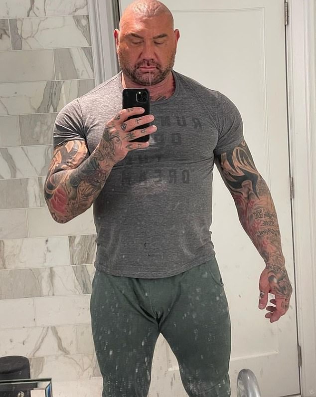 Bautista weighed around 315 pounds while filming the 2022 thriller. He is pictured here in May 2022