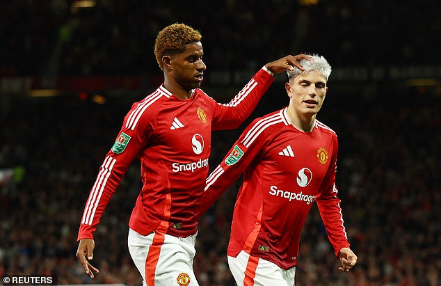 Rashford (left) celebrates with Garnacho after the pair scored the first goal together