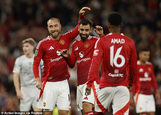 Eriksen (left) and Bruno Fernandes (centre) came together again, with the Dane getting his brace