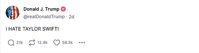 Donald Trump's post on Truth Social on Sunday, just days after Taylor Swift endorsed Kamala Harris for president