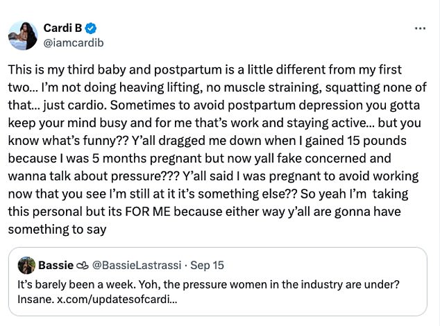 1726612987 53 Cardi B hits back at fans for criticizing postpartum workout