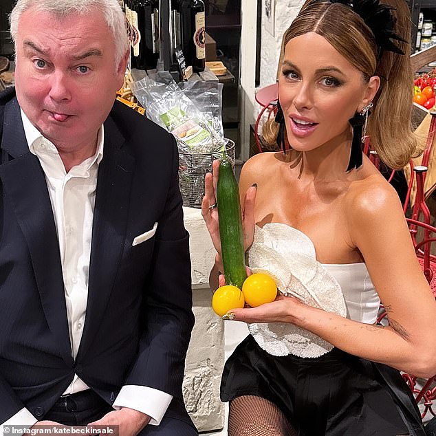 Meanwhile, other photos from the evening saw Kate posing with 'suggestive' vegetables, and Eamonn sticking his tongue out next to her