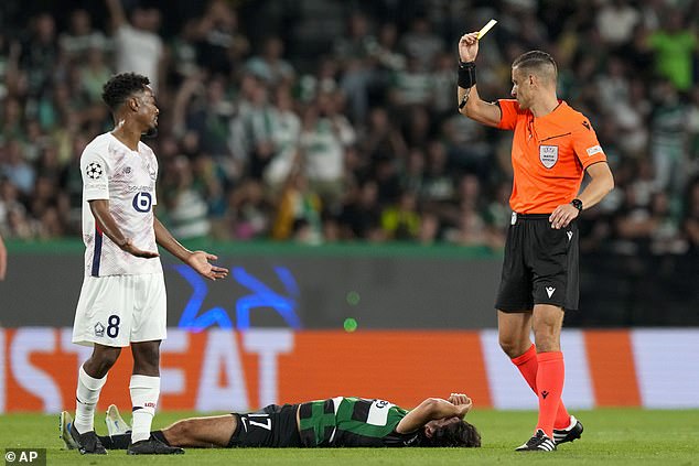 The midfielder was shown a yellow card after 21 minutes for pushing Sporting winger Francisco Trincao