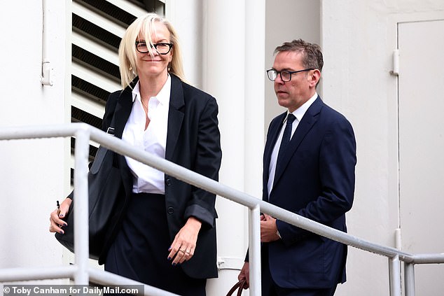 Murdoch's other three eldest children looked brave on arrival, but Elisabeth, 55, (left) managed a smile as she walked ahead of her brother James to the door