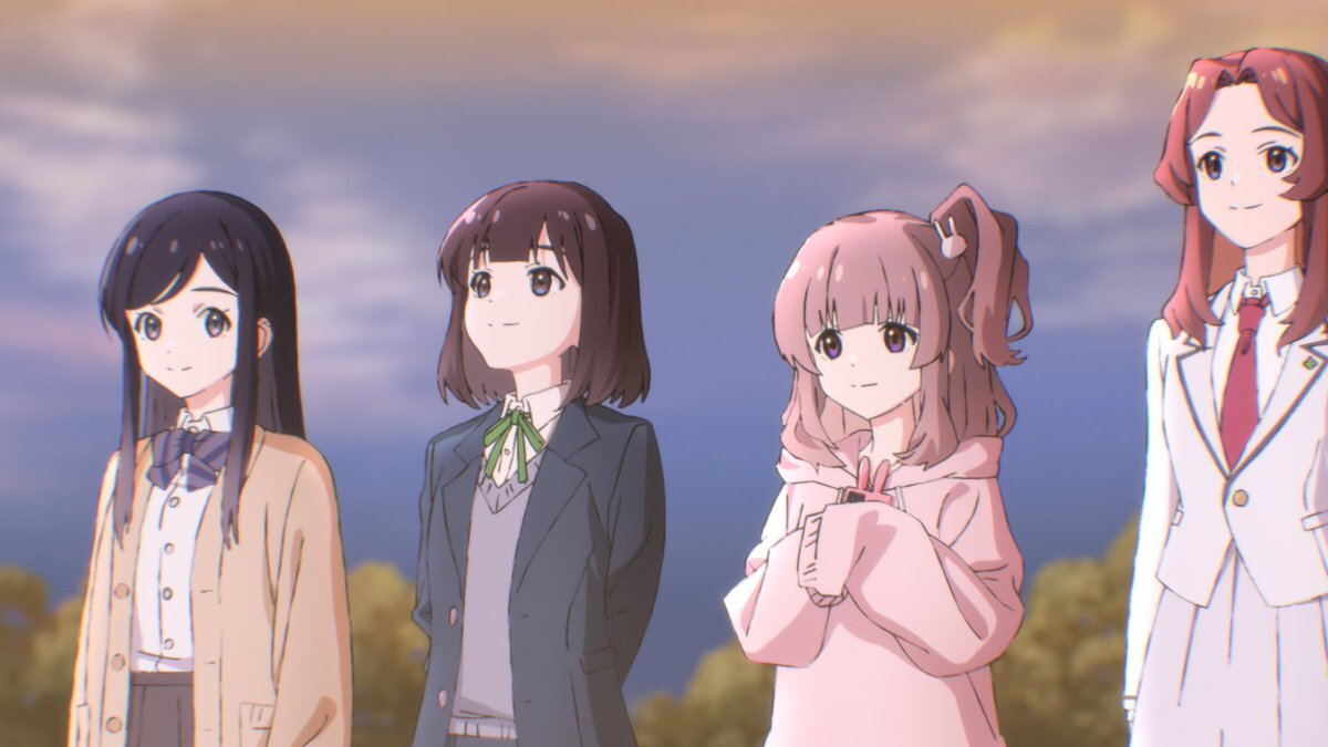 Four girls are looking at the rising sun: a girl with long dark hair, a girl with a short bob, a little girl in an oversized pink sweater and a tall girl with long curly hair. In Trapezium.