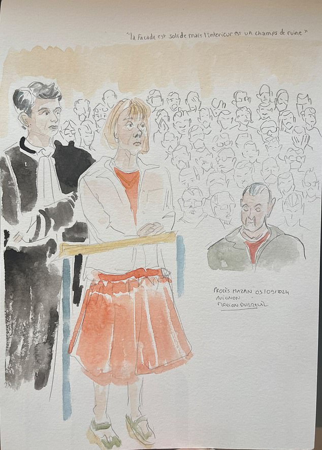 A drawing from the court shows Madame Pelicot taking the witness stand, facing her husband and the 50 others accused of raping her.