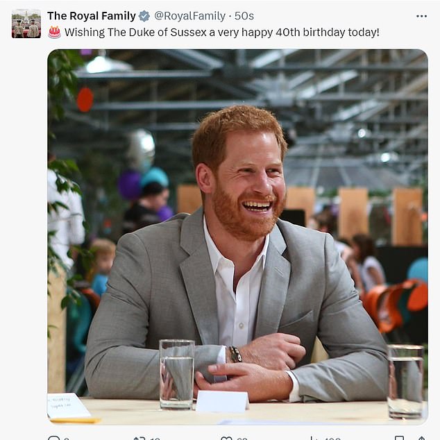 The official X account, formerly the royal family's Twitter account, posted a birthday greeting for the Duke of Sussex as Harry celebrated his 40th birthday across the pond