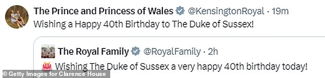 Prince Harry also received a surprise birthday message from Prince William and Kate, just hours after the King and Queen posted the message