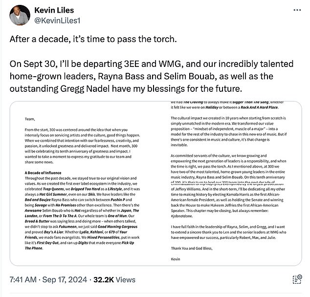 In an internal memo and an X-post, Liles said he would leave at the end of September but plans to stay on as a consultant to Warner through the end of the year.