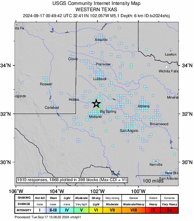 The U.S. Geological Survey website said the epicenter was just north of Midland, but shock waves were felt as far away as Austin, more than 300 miles (480 kilometers) away