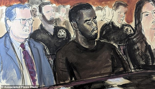 In this courtroom sketch, Sean Combs (center) is flanked by his attorney Marc Agnifilo (left) and Teny Garagos, in Manhattan District Court Tuesday.