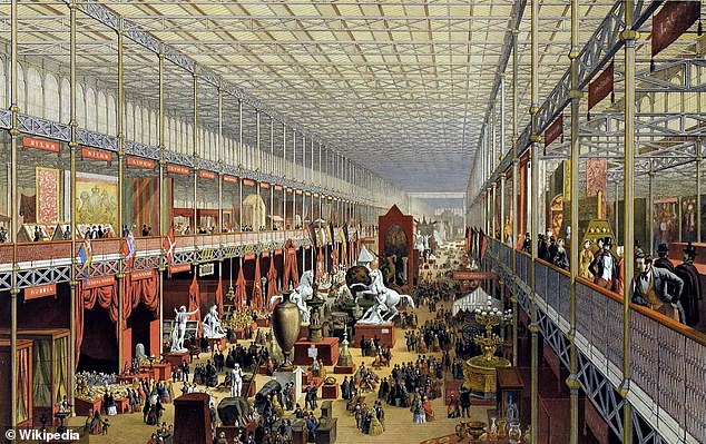 A stunning sight: The Crystal Palace hosted the Great Exhibition of 1851 - an event featuring sculptures, machines, diamonds, telescopes and much more from around the world. Pictured is the interior of the Crystal Palace during the event