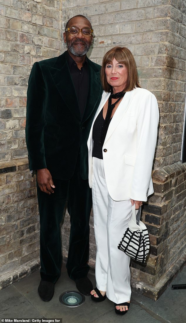 Meanwhile, his wife Lisa, a casting director for Broadway, looked glamorous in an oversized white suit with a glittering black knit blouse and matching scarf