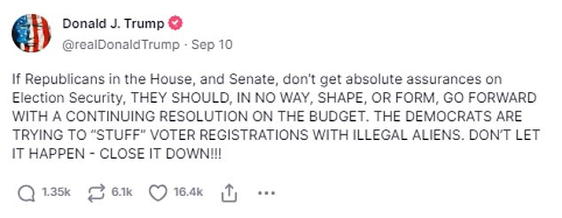 He recently posted that election security should be linked to government funding bills