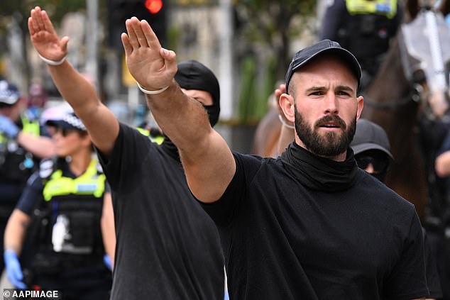 Neo-Nazi leader Thomas Sewell is seen at the Let Women Speak rally in Melbourne on Saturday 18 March 2023