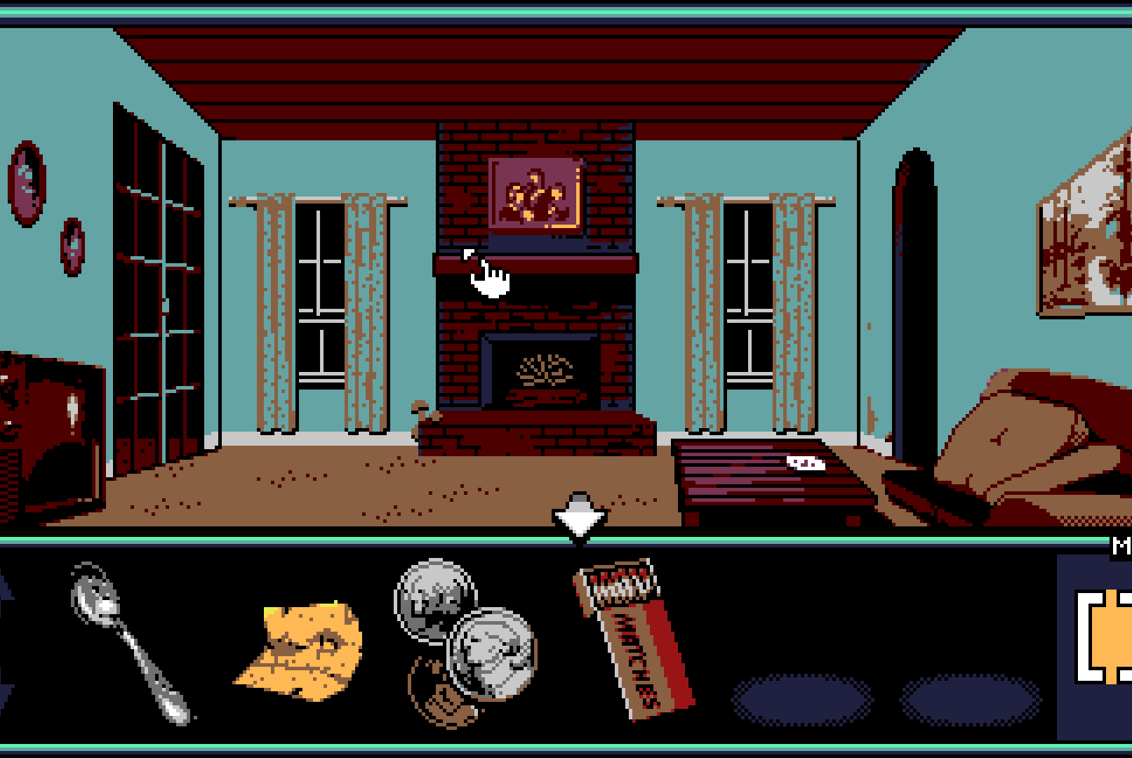 A screenshot from a point-and-click adventure game from UFO 50, showing an empty room in a house and a toolbar at the bottom with a series of available items for the player to use