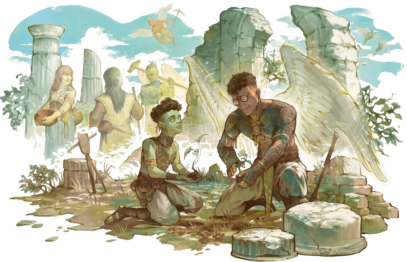 A group of aasimar in the 2024 version of the Player's Handbook. They are shown in a vaguely Greek-classical setting, picking at green shoots among the rubble.