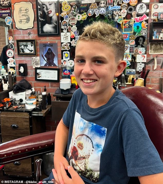 Landon, pictured here getting his first post-chemo haircut, is now cancer-free and in seventh grade. He plans to stay active and play football and soccer