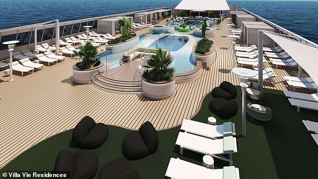 Amenities on board the ship include access to a swimming pool, a theatre and a gourmet restaurant