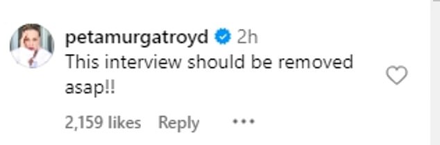 Followers commented: 'Slurred speech eyes can barely stay open trying to get through long words clearly not sober. Very sad' with DWTS pro Peta Murgatroyd writing: 'This interview needs to be deleted ASAP!'