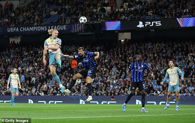 Haaland headed the ball towards goal, but was blocked by goalkeeper Yann Sommer