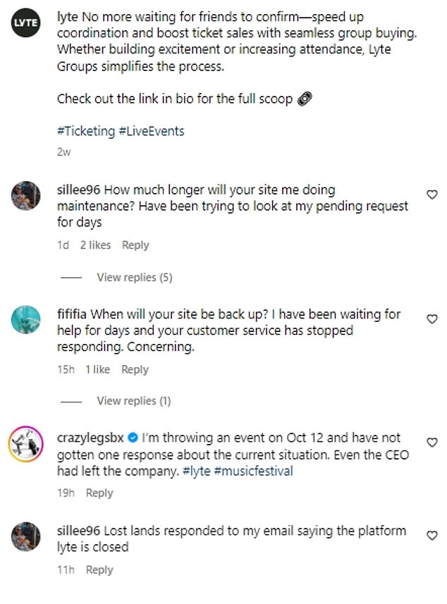 Comments on Lyte's latest Instagram post promoting a new 'group sales' feature on the website show customers scrambling to find answers to their purchased tickets