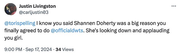 Others came to Tori's defense, with one posting, '@tori spelling I know you said Shannen Doherty was a big reason you finally agreed to do @officialdwts. She's looking down and clapping for you girl'