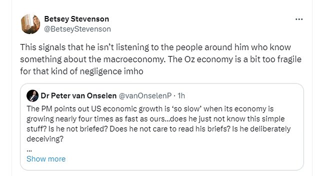 Barack Obama's former economic adviser tweeted a link to the story by Peter van Onselen, political editor of Daily Mail Australia