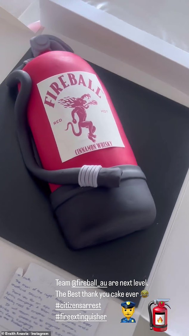 Fireball thanked Braith in the most hilarious way possible - by sending him a cake in the shape of a fire extinguisher