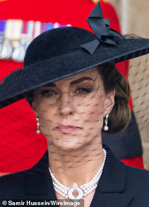 Kate accessorized with the Japanese pearl choker and Bahraini pearl earrings, which were made from pearls given to Elizabeth on her wedding day in 1947.