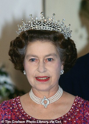 Queen Elizabeth wears a four-strand diamond and pearl choker to an engagement in Bangladesh in 1983