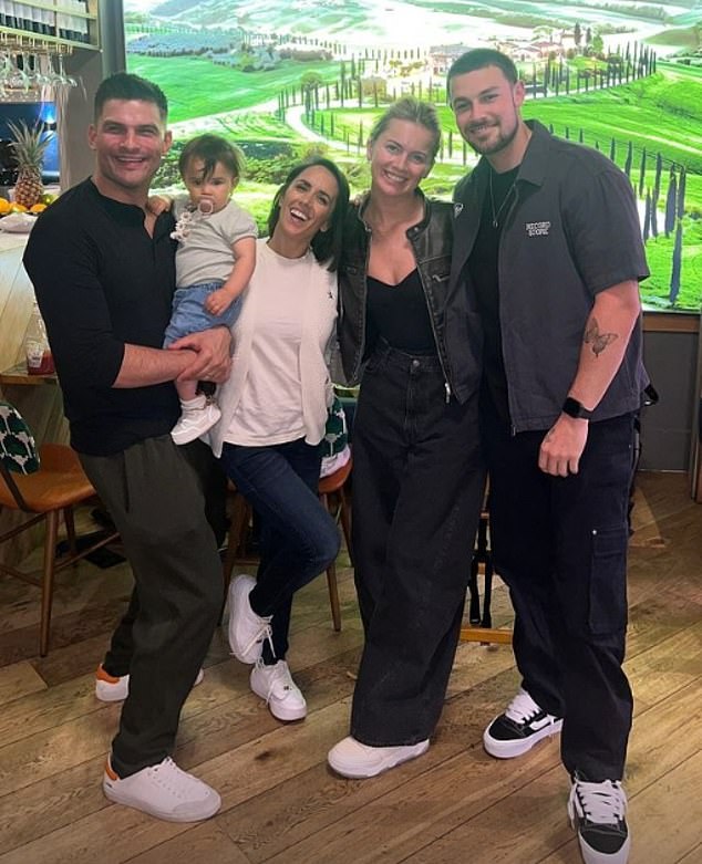 Tasha and her boyfriend Andrew Le Page (far right) meet Aljaz's wife, former Strictly pro Janette Manrara (centre) and their baby Lyra (centre left)