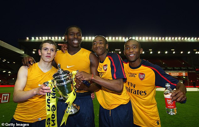 Emmanuel-Thomas (second left) won the FA Youth Cup with Arsenal in 2009, along with Jack Wilshere (left), Shanchez Watt (second right) and Cedric Evina (right).