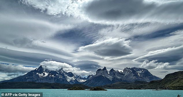 View of the Paine Massif in Torres del Paine National Park in the Magallanes Region of southern Chile, 400 km northwest of Punta Arenas, on January 7, 2024