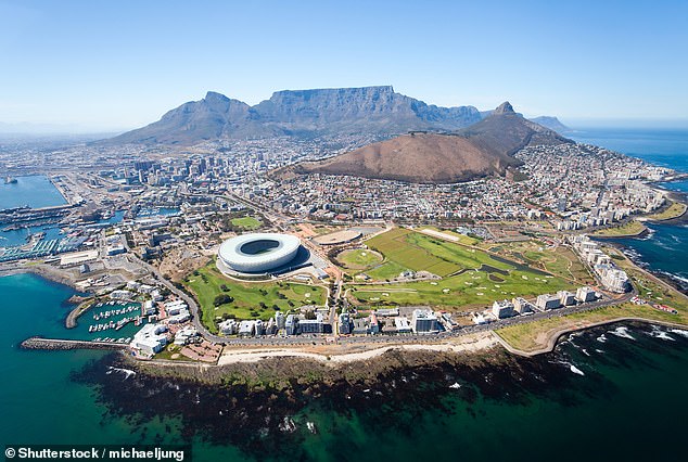 An aerial view of Cape Town, South Africa, with the world famous Table Mountain in the background