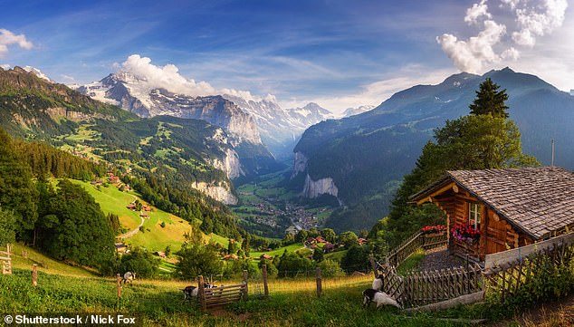 Panorama of the Lauterbrunnen Valley in the Swiss Alps near Interlaken in the Bernese Oberland of Switzerland, also known as the Valley of the Waterfalls