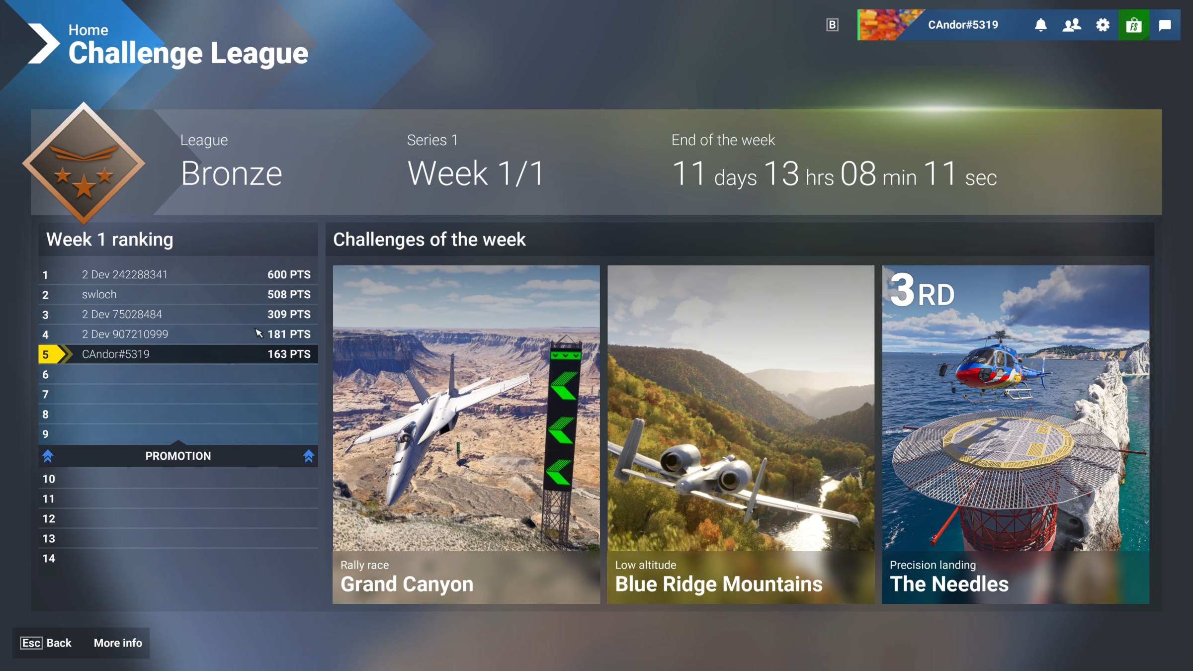 The challenge menu includes three activities each week, such as the Grand Canyon rally race, the low-altitude Blue Ridge Mountains flight, and the precision helicopter landing shown here.